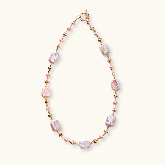 Luxurious Sunset Champagne Pink Baroque Pearl Necklace with 14k Gold-Plated Accents