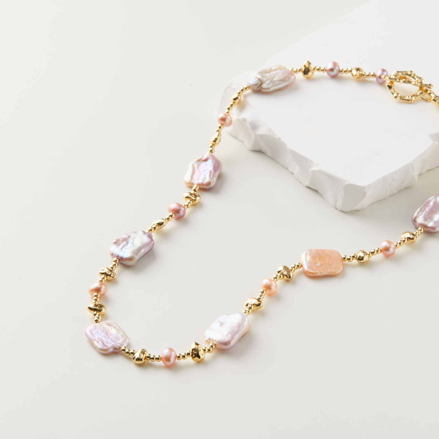 Luxurious Sunset Champagne Pink Baroque Pearl Necklace with 14k Gold-Plated Accents