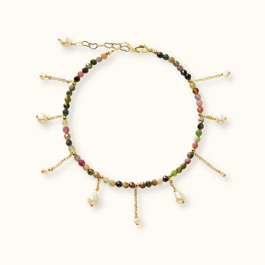 Handcrafted Multifaceted Rainbow Tourmaline Anklet with Freshwater Pearl Accents on 14k Gold-Plated Chains