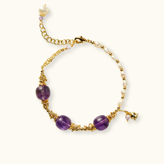 Handcrafted Asymmetrical Amethyst and Freshwater Pearl Bracelet with 14k Gold-Plated Accents