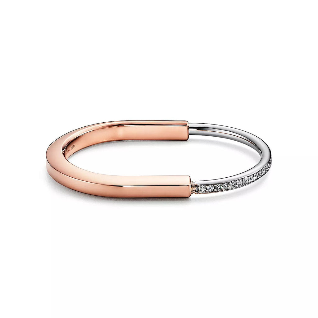 18K Tiffany Lock Bangle Half Pave Diamonds Bracelet
